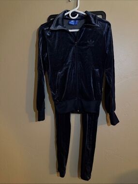 adidas Navy Velour Track Jacket and Pants Set
